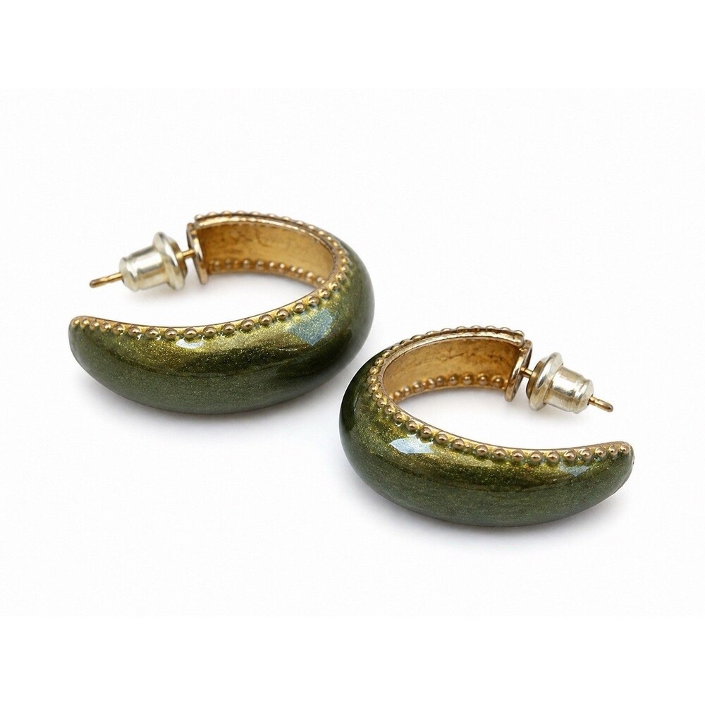 Vintage Green Enamel Half Hoop Earrings Gold Tone Olive Metallic Retro 90s